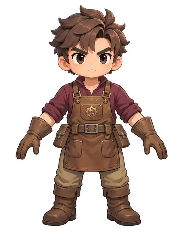 Artificer ในผ้ากันเปื้อนช่างและถุงมือหนัง