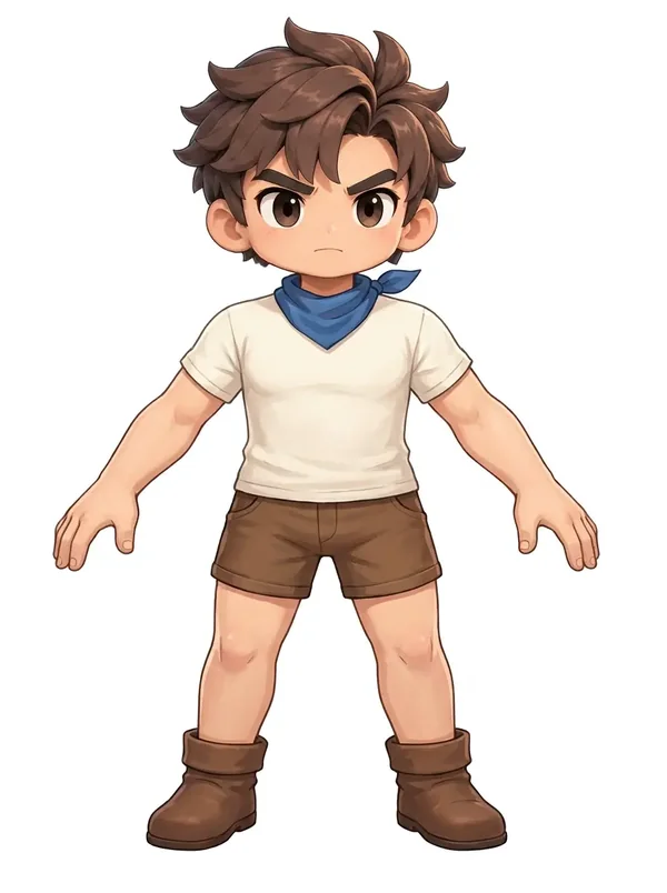 Novice นักผจญภัยฝึกหัด ใส่เสื้อผ้าเรียบง่ายและผ้าพันคอสีฟ้า